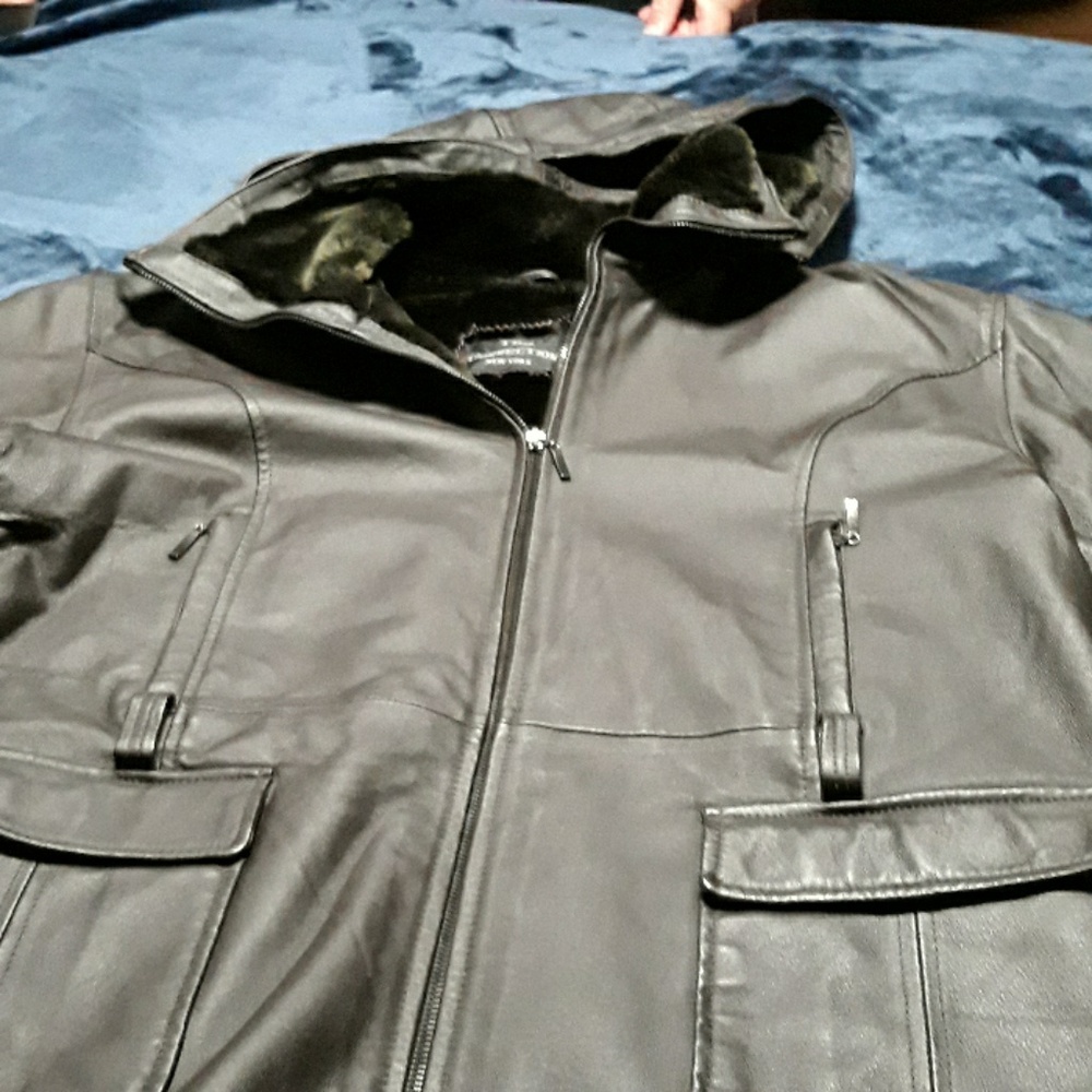 Fur lined leather jacket with hood